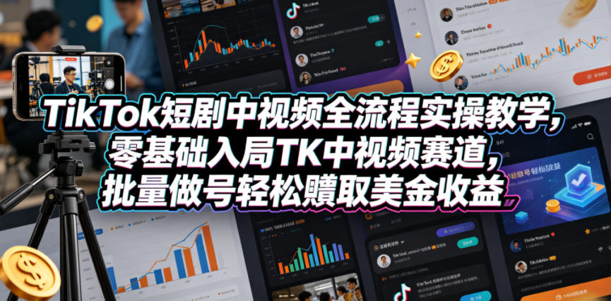 免费教程-TikTok短剧中视频全流程实操教学,零基础入局TK中视频赛道,批量做号轻松賺取美金收益-知铺资源网