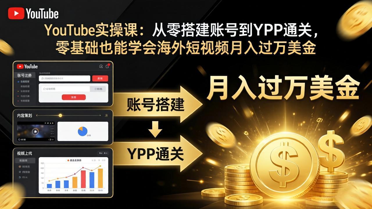 免费教程-YouTube实操课：从零搭建账号到YPP通关，零基础也能学会海外短视频月入过万美金-知铺资源网
