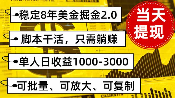 免费教程-稳定8年美金掘金2.0脚本干活,只需躺赚。单人日收益1000-3000可批量、...-知铺资源网