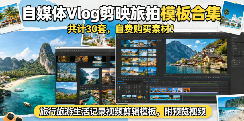免费教程-自媒体Vlog剪映旅拍模板合集,共计30套,自费购买素材!旅行旅游生活记录视频剪辑模板,附预览视频-知铺资源网