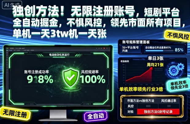免费教程-独创方法!无限注册账号,短剧平台全自动掘金,不惧风控,领先市面所有项目,单机一天3张【揭秘】-知铺资源网