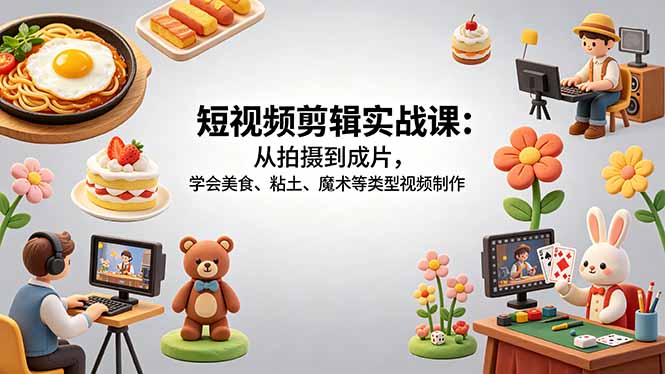 免费教程-短视频剪辑实战课：从拍摄到成片，学会美食、粘土、魔术等类型视频制作-知铺资源网