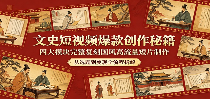 免费教程-文史短视频爆款创作秘籍：四大模块完整复刻国风高流量短片制作-知铺资源网