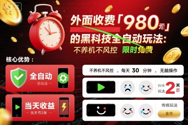 外面收费980的黑科技全自动玩法,不养机不风控,每天30分钟,无脑操作,当天收益2张【揭秘】