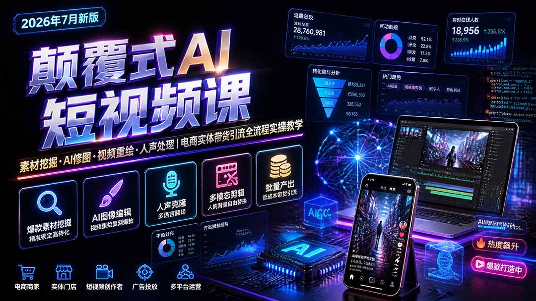 免费资源-颠覆式AI短视频课|素材挖掘,AI修图,视频重绘,人声处理|电商实体带货引流全流程实操教学-知铺资源网