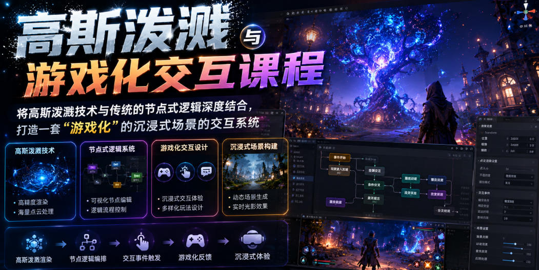 免费资源-高斯泼溅与游戏化交互课程,将高斯泼溅技术与传统的节点式逻辑深度结合,打造一套“游戏化”的沉浸式场景的交互系统-知铺资源网