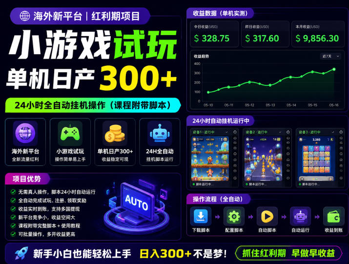 免费资源-海外新平台,小游戏试玩,单机日产300+,24小时全自动挂G操作(课程附带脚本)【揭秘】-知铺资源网