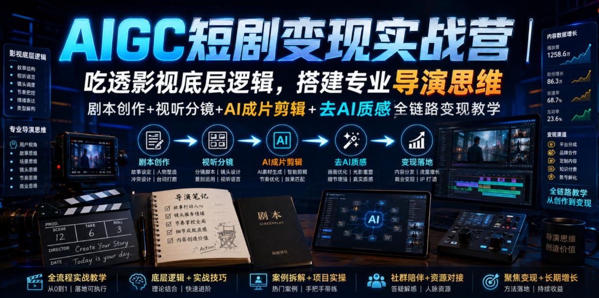 AIGC短剧变现实战营|吃透影视底层逻辑,搭建专业导演思维,剧本创作+视听分镜+AI成片剪辑+去AI质感全链路变现教学-知铺资源网