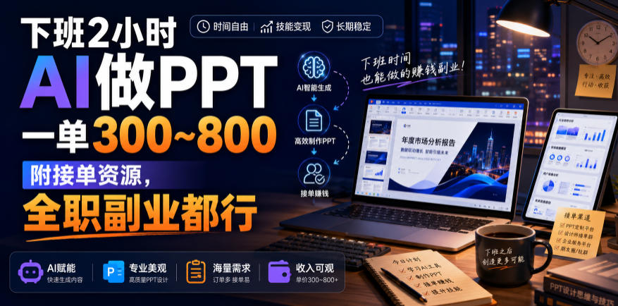 下班2小时AI做PPT,一单300~800,附接单资源,全职副业都行【揭秘】-知铺资源网