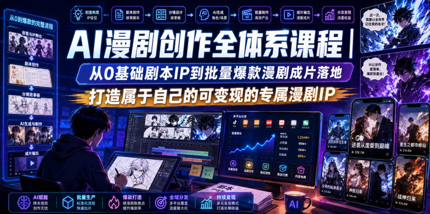 免费资源-AI漫剧创作全体系课程|从0基础剧本IP到批量爆款漫剧成片落地,打造属于自己的可变现的专属漫剧IP-知铺资源网