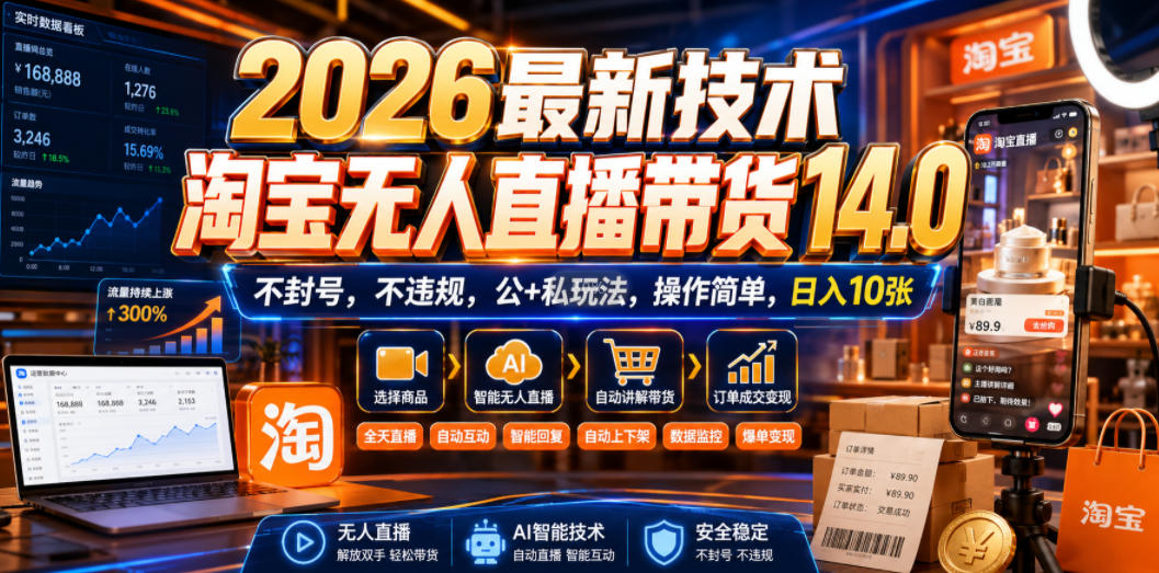 2026最新技术,淘宝无人直播带货14.0,不封号,不违规,公+私玩法,操作简单,日入10张【揭秘】-知铺资源网