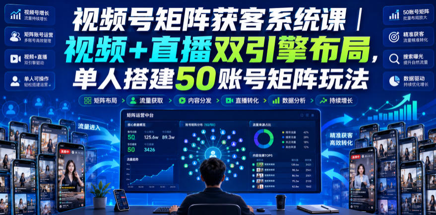 免费资源-视频号矩阵获客系统课｜视频+直播双引擎布局，单人搭建50账号矩阵玩法，流量入池、搜索占位、全域引流沉淀私域全流程教学-知铺资源网