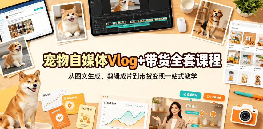 免费资源-宠物自媒体Vlog+带货全套课程|从图文生成、剪辑成片到带货变现一站式教学-知铺资源网