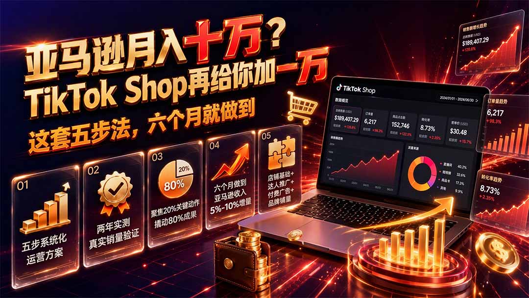 免费资源亚马逊月入十万?TikTok Shop再给你加一万——这套五步法,六个月就做到【原创双语字幕】-知铺资源网