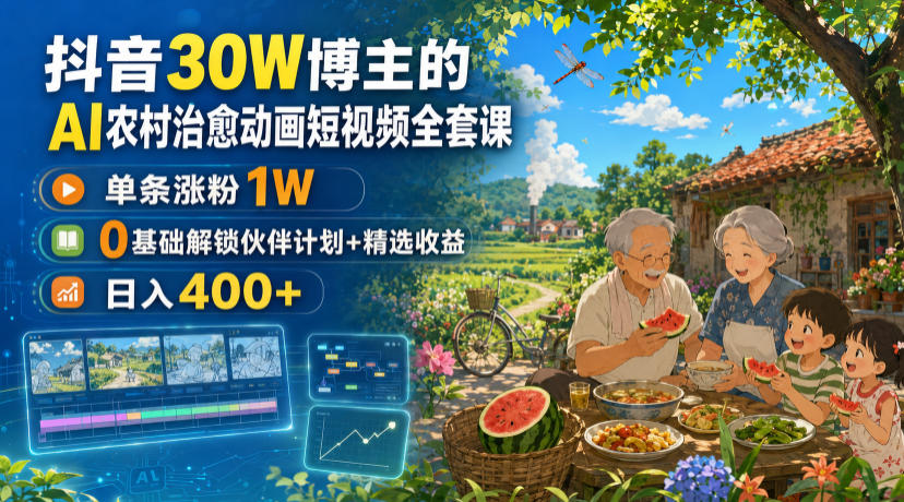免费资源-抖音30W博主的AI农村治愈动画短视频全套课|单条涨粉1W,0基础解锁伙伴计划+精选收益,日入400+-知铺资源网