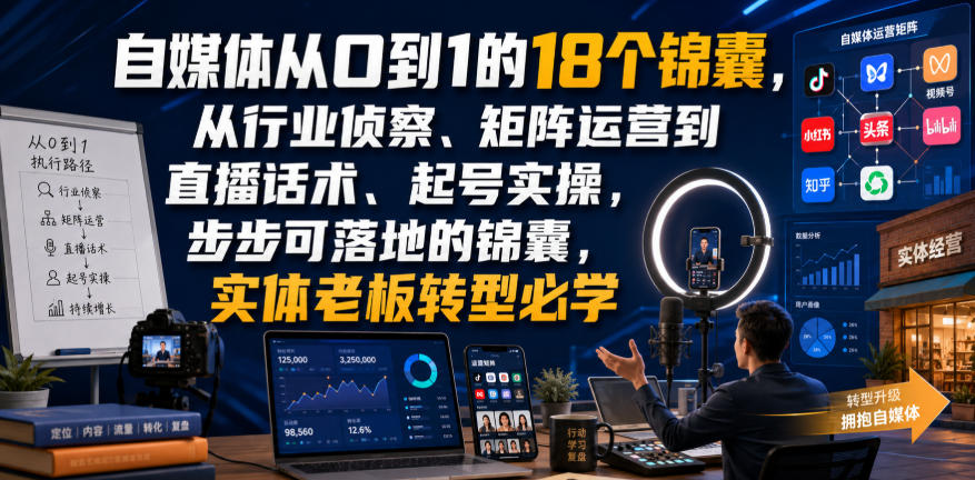 免费资源-自媒体从0到1的18个锦囊,从行业侦察、矩阵运营到直播话术、起号实操,步步可落地的锦囊,实体老板转型必学-知铺资源网