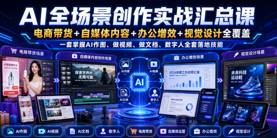 AI全场景创作实战汇总课|电商带货+自媒体内容+办公增效+视觉设计全覆盖,一套掌握AI作图、做视频、做文档、数字人全套落地技能-知铺资源网