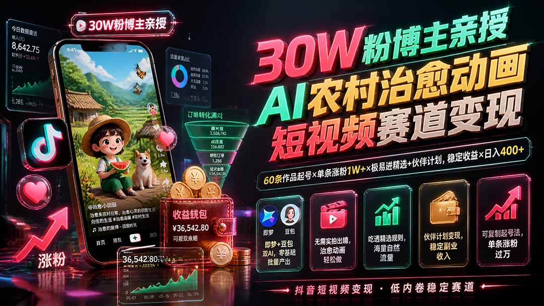 免费资源-30W粉博主亲授AI农村治愈动画短视频赛道变现:60条作品起号×单条涨粉1W+×极易进精选+伙伴计划,稳定收益×日入400+-知铺资源网