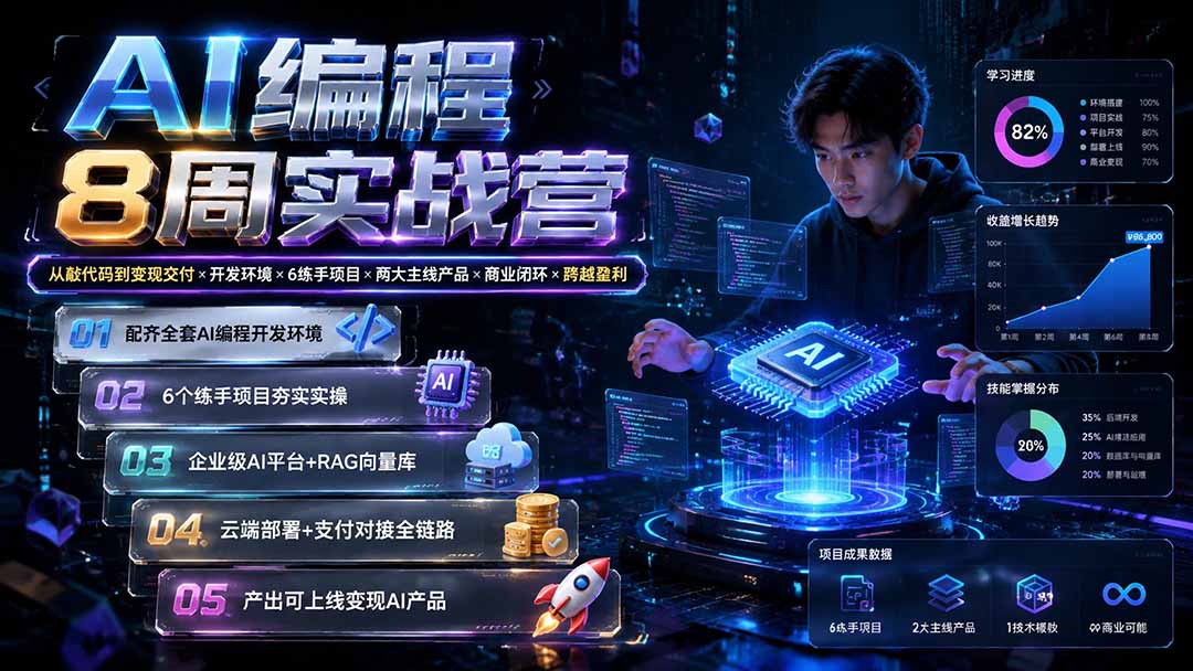 免费资源-AI编程8周实战营:从敲代码到变现交付×开发环境×6练手项目×两大主线产品×商业闭环×跨越盈利-知铺资源网