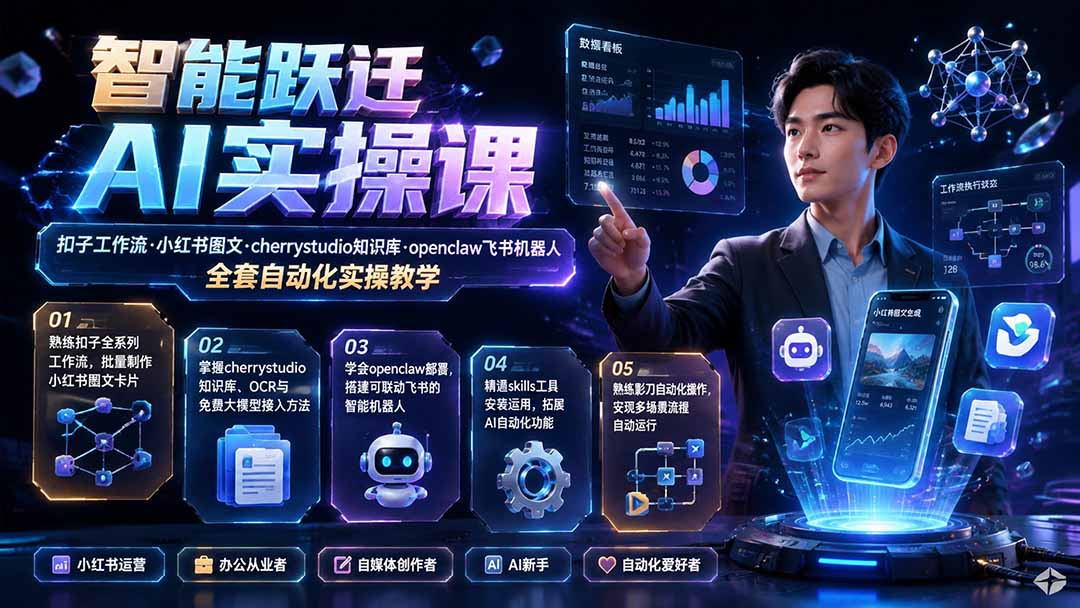 免费资源-智能跃迁 AI实操课|扣子工作流小红书图文搭建,cherrystudio知识库openclaw飞书机器人全套自动化实操教学-知铺资源网