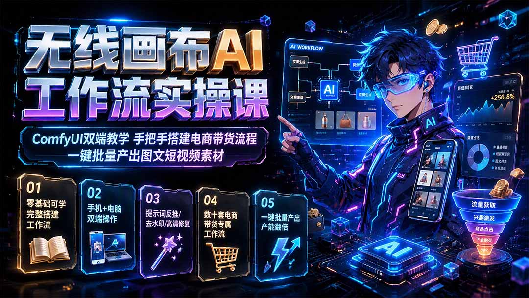 免费资源-无线画布AI工作流实操课|ComfyUI双端教学,手把手搭建电商带货流程,一键批量产出图文短视频素材-知铺资源网