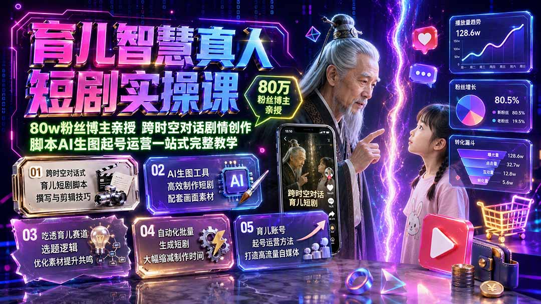 免费资源-育儿智慧真人短剧实操课|80w粉丝博主亲授,跨时空对话剧情创作,脚本AI生图起号运营一站式完整教学-知铺资源网