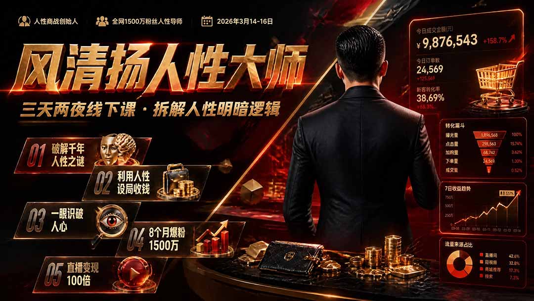 免费资源-风清扬人性大师-三天两夜3月14-16线下课2026年｜拆解人性明暗逻辑，识人避坑，千万粉涨粉+直播百倍变现实战教学-知铺资源网