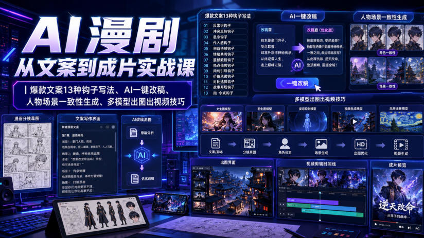 免费资源-AI漫剧从文案到成片实战课｜爆款文案13种钩子写法、AI一键改稿、人物场景一致性生成、多模型出图出视频技巧-知铺资源网
