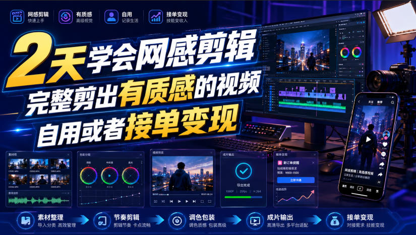 免费资源-2天学会网感剪辑,完整剪出有质感的视频,自用或者接单变现-知铺资源网