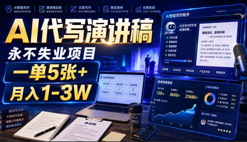 免费资源-AI代写演讲稿,永不失业项目,一单5张+,月入1-3W【揭秘】-知铺资源网