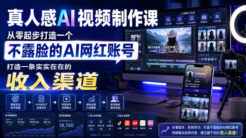 免费资源-真人感AI视频制作课，从零起步打造一个不露脸的AI网红账号，打造一条实实在在的收入渠道【原创双语字幕】-知铺资源网