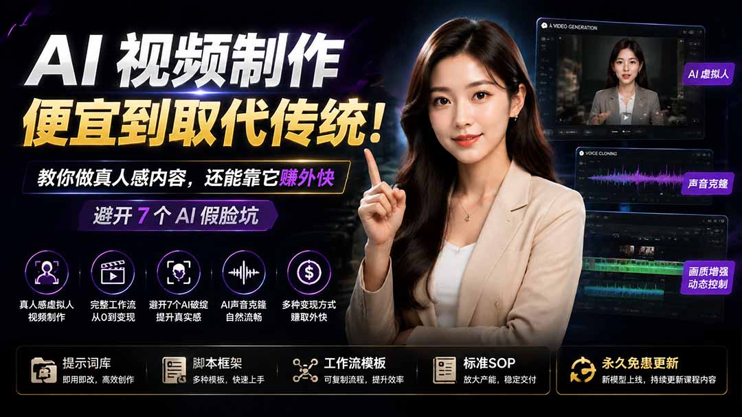 免费资源-AI视频制作便宜到取代传统！教你做真人感内容，还能靠它赚外快(避开7个AI假脸坑-知铺资源网