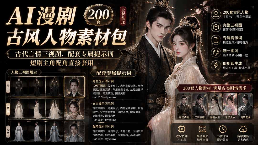 免费资源-AI漫剧古风人物素材包+提示词｜200 套古代言情三视图，配套专属提示词短剧主角配角直接套用-知铺资源网