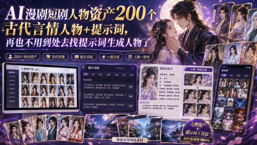 免费资源-AI漫剧短剧人物资产200个古代言情人物+提示词，再也不用到处去找提示词生成人物了-知铺资源网