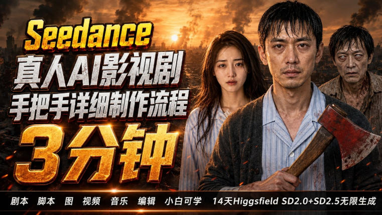 免费资源-3分钟真人AI影视剧怎么做？SD 2.0手把手完整制作流程｜Higgsfield 14天SD 2.0/2.5无限生成-知铺资源网