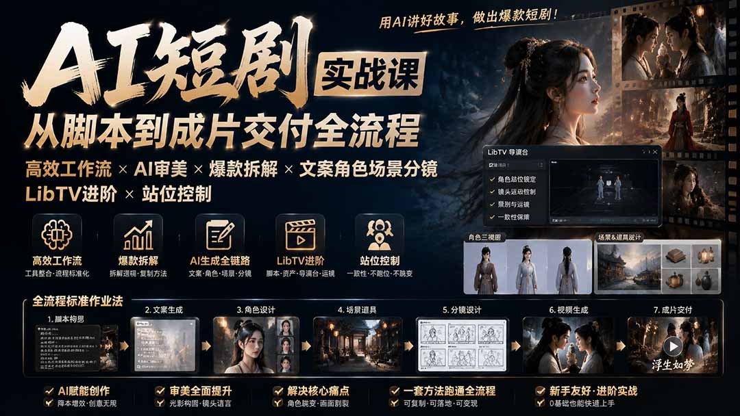 免费资源-AI短剧实战课：高效工作流×AI审美×爆款拆解×文案角色场景分镜×LibTV进阶×站位控制×从脚本到成片交付全流程-知铺资源网