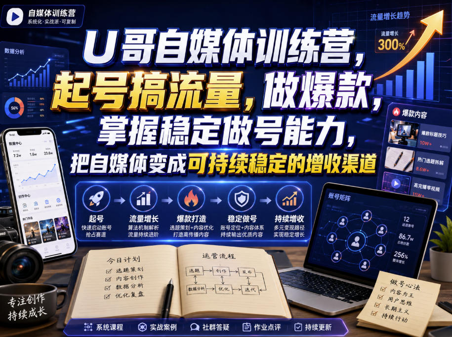 免费资源-U哥自媒体训练营，起号搞流量，做爆款，掌握稳定做号能力，把自媒体变成可持续稳定的增收渠道-知铺资源网