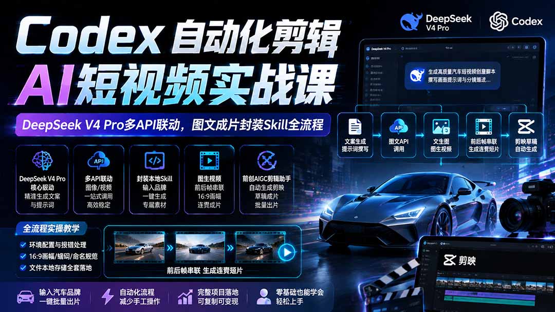 免费资源-Codex自动化剪辑AI短视频实战课|DeepSeek V4 Pro多API联动,图文成片封装Skill全流程-知铺资源网