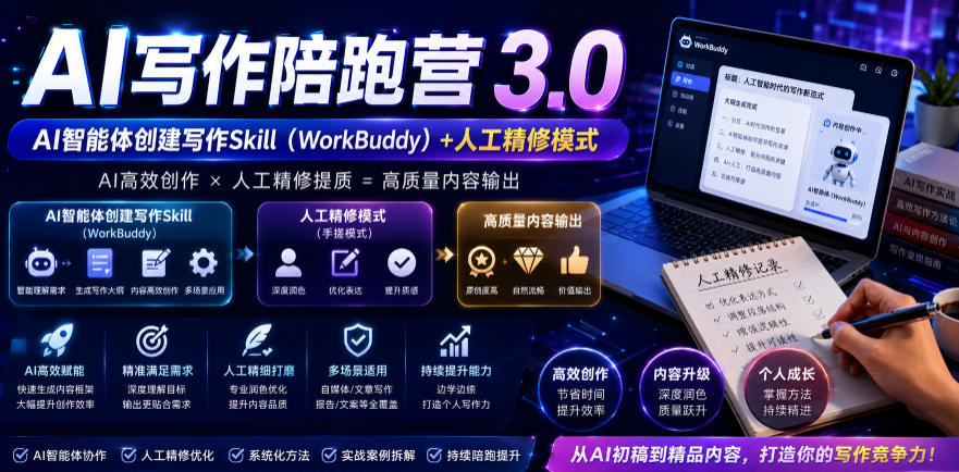 免费资源-AI写作陪跑营3.0,Ai智能体创建写作skill(workbuddy)+人工手写模式(手搓模式),去除AI痕迹(头条号、公众号、百家号)(更新0806)-知铺资源网