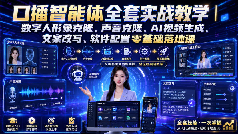 免费资源-口播智能体全套实战教学|数字人形象克隆、声音克隆、AI视频生成、文案改写、软件配置零基础落地课-知铺资源网