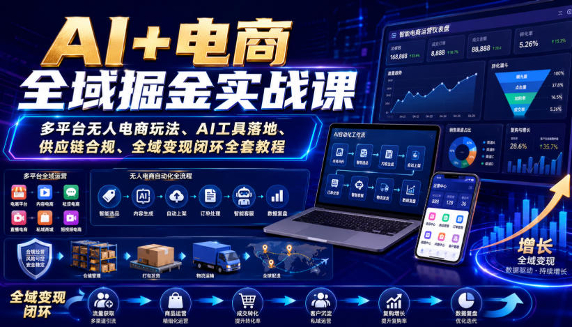 免费资源-AI+电商全域掘金实战课｜多平台无人电商玩法、AI工具落地、供应链合规、全域变现闭环全套教程-知铺资源网