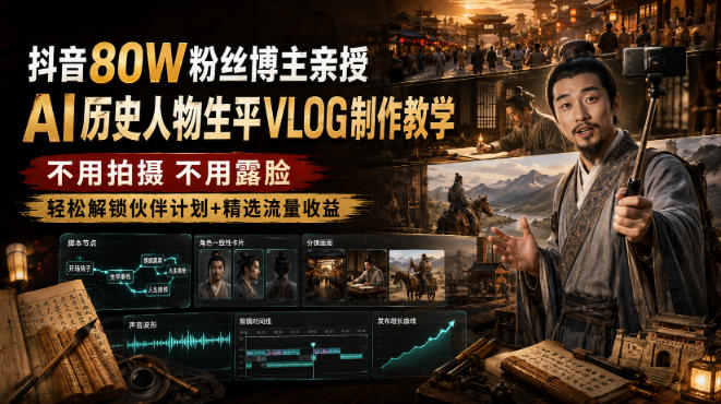 免费资源-抖音80W粉丝博主的AI历史人物生平VLOG教学,不用拍摄不用露脸,AI帮你搞定,轻松解锁伙伴计划+精选收益-知铺资源网