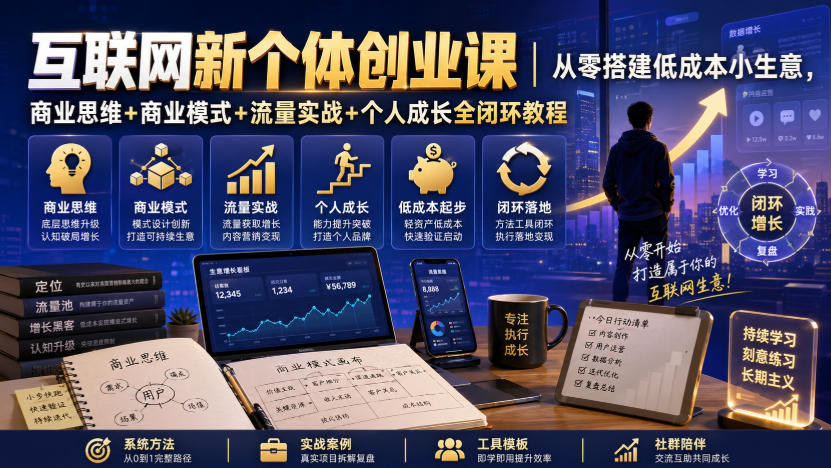 免费资源-互联网新个体创业课｜从零搭建低成本小生意，商业思维+商业模式+流量实战+个人成长全闭环教程-知铺资源网