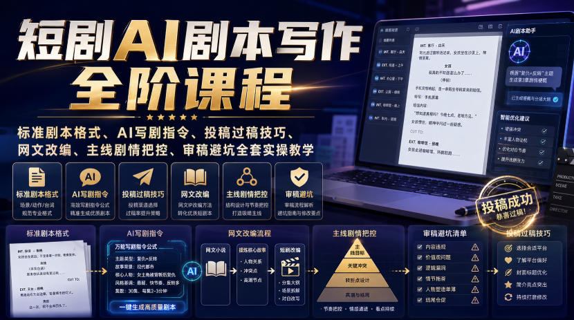 免费资源-短剧AI剧本写作全阶课程|标准剧本格式、AI写剧指令、投稿过稿技巧、网文改编、主线剧情把控、审稿避坑全套实操教学-知铺资源网