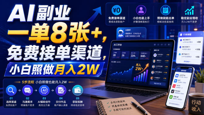 AI副业一单8张+，免费接单渠道，小白照做月入2W【揭秘】-知铺资源网