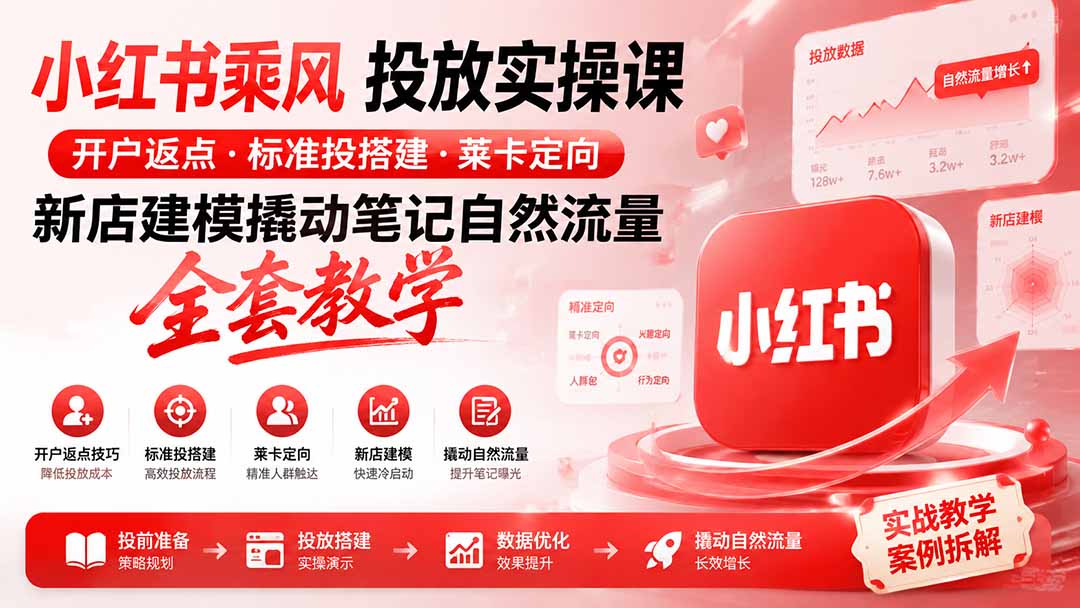 免费资源-小红书乘风投放-100分钟实操课｜开户返点·标准投搭建·莱卡定向，新店建模撬动笔记自然流量全套教学-知铺资源网
