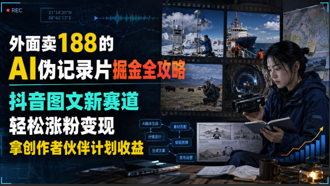 免费资源-外面卖188的AI伪记录片掘金全攻略，抖音图文新赛道，轻松涨粉变现，拿创作者伙伴计划收益【文档】-知铺资源网