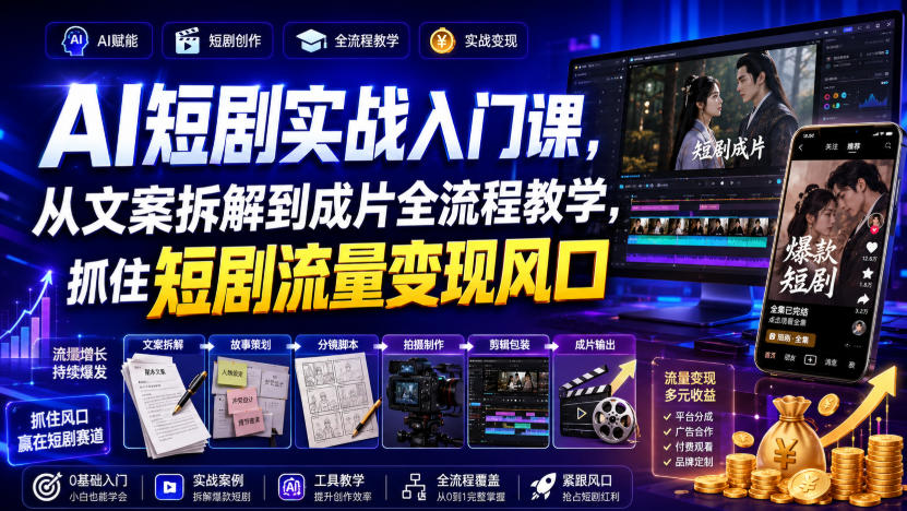 免费资源-AI短剧实战入门课，从文案拆解到成片全流程教学，抓住短剧流量变现风口-知铺资源网