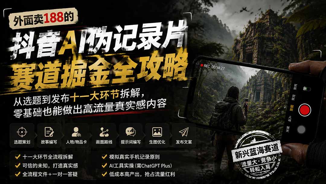 免费资源-外面卖188的抖音AI伪记录片赛道掘金全攻略;从选题到发布十一大环节拆解,零基础也能做出高流量真实感内容-知铺资源网