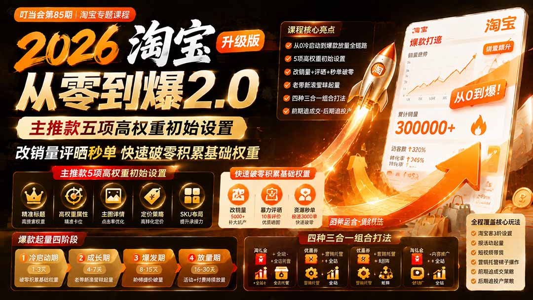 免费资源-2026淘宝从零到爆2.0第85期;主推款五项高权重初始设置,改销量评晒秒单快速破零积累基础权重-知铺资源网